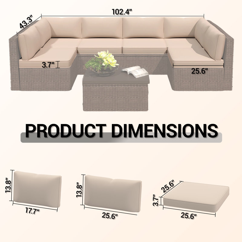 Outdoor Replacement Cushions 14-Piece Deep Seat Water-Resistant Patio Furniture Cushions for 6-Seat Sectional Rattan Sets, Beige