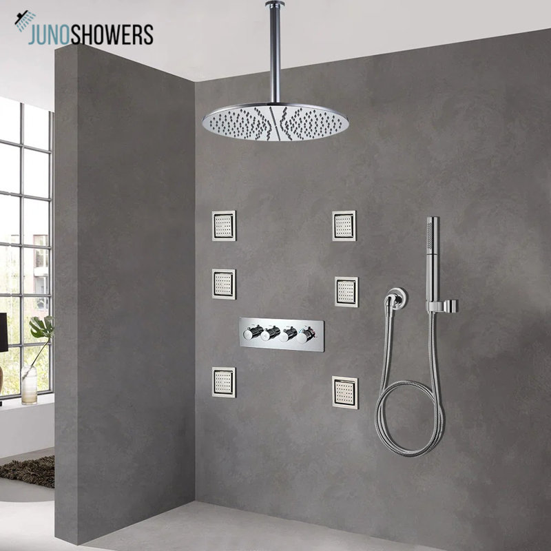 Système de douche thermostatique noir mat avec tête de pluie, douchette et jets de corps