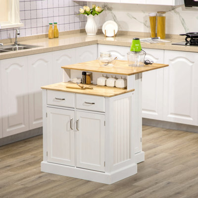 Kitchen Island With Storage Cabinet And 2-Level Rubber Wood Tabletop, Island Table With Adjustable Shelves And Drawers, White by Red Barrel Studio