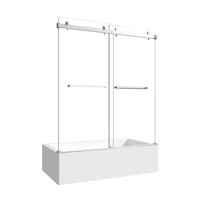 Porte de douche coulissante sans cadre pour baignoire, finition nickel brossé, 140-152 cm L x 152 cm H, avec pellicule nano anti-explosion et verre trempé.