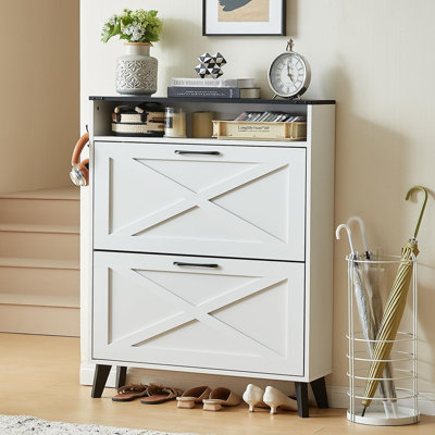 Armoire à chaussures étroite avec tiroirs rabattables et crochets, armoire de rangement d'entrée en bois avec tablettes réglables et rangement ouvert pour le couloir, la chambre à coucher et le salon