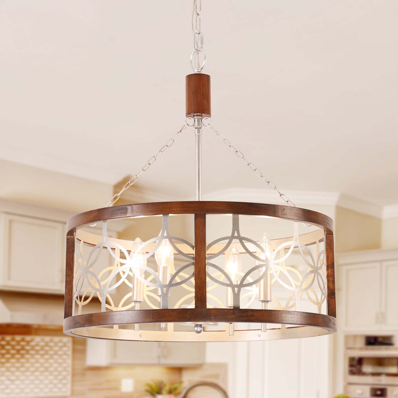 Farmhouse Antique 4-Light Drum Wood Accents Chandelier, Distressed White