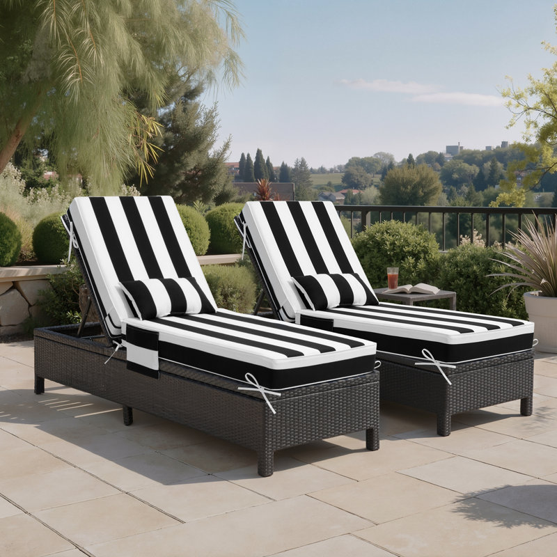 26.5'' W x 80'' D x 6'' H Outdoor Chaise Lounge Seat / Back Cushion with Pillow and Pocket, 2, Black/White Striped