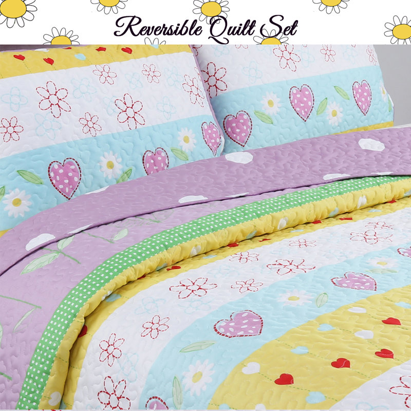 Floral Heart Print Reversible Cotton Twin Quilt Set