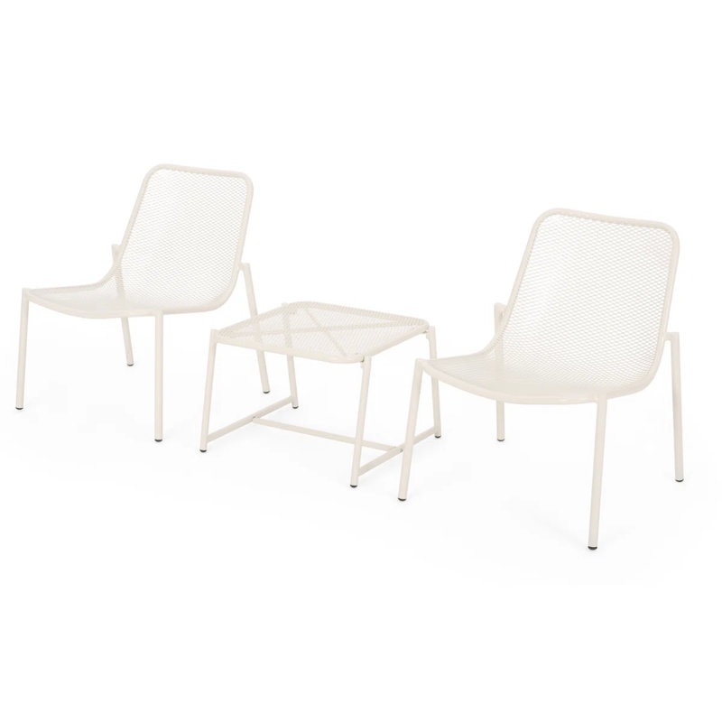  Ensemble de conversation d'extérieur en fer 3 pièces avec plateau en verre, blanc ivoire, Ivoire ivoire