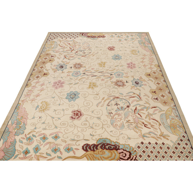 Rug & Kilim’S Chinese Art Deco Style Rug In Beige-Brown With Floral Patterns, Rectangle 11'11"' x 15'6"