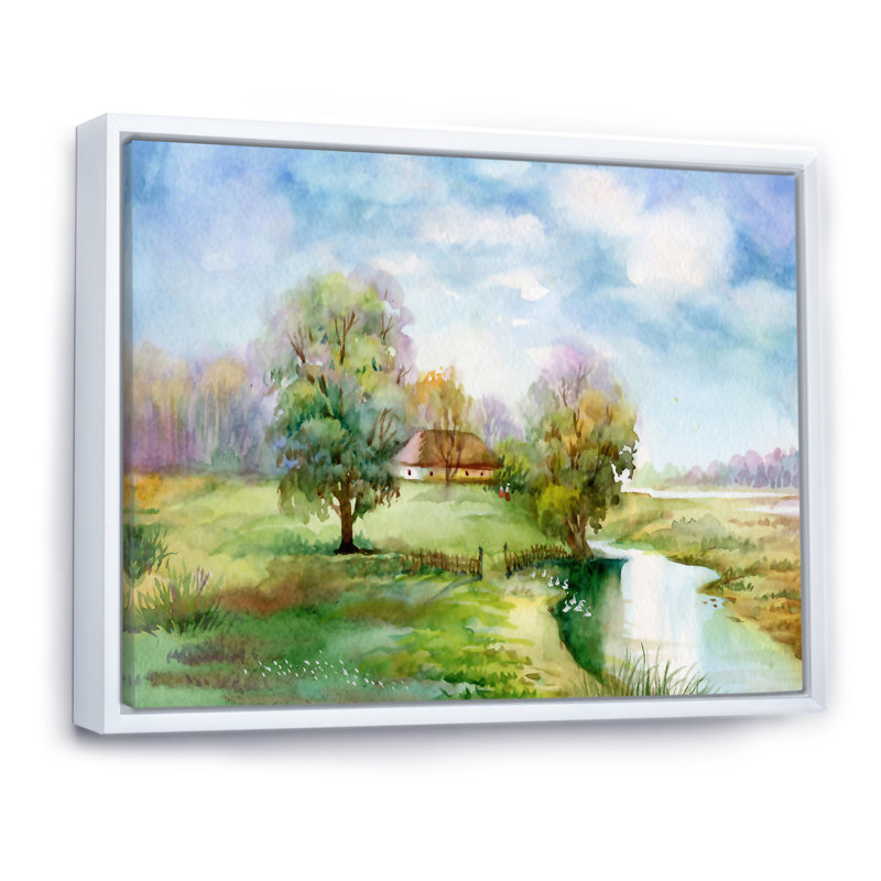 «Countryroad in prochaine to Tree in the Green», peinture sur toile encadrée, H 12 po x l 20 po x P 1 po, Cadre blanc
