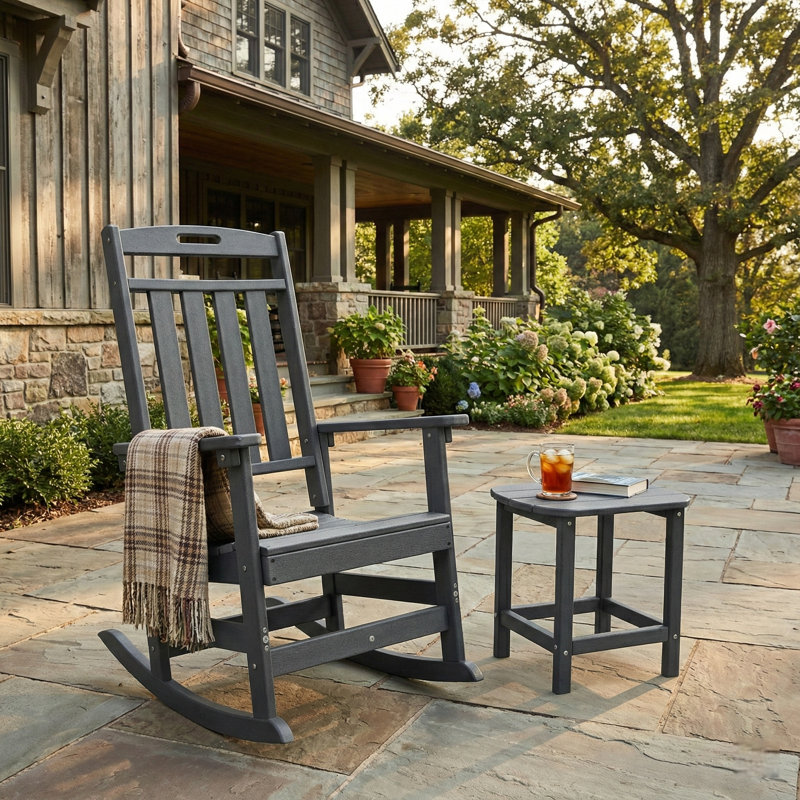 Ensemble de chaises berçantes d'extérieur en PEHD 2 pièces avec table d'appoint, chaise berçante et table de bout toutes saisons