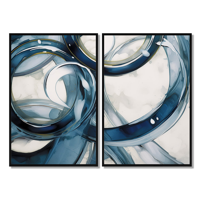 Blue Circle Whirls - Abstract Modern Spiral, reproduction d'art sur toile, H 36 po x l 48 po, Impression encadrée flottante