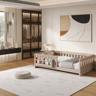 Wood Twin Size Platform Bed with Guardrail and Storage Shelves, Natural