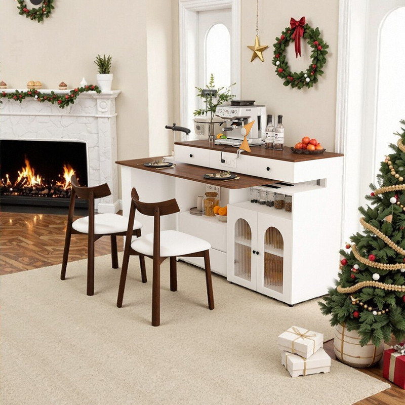 Ensemble d'îlot de cuisine extensible et rotatif avec 2 chaises en bois massif, 4 tiroirs et prises intégrées, Noyer