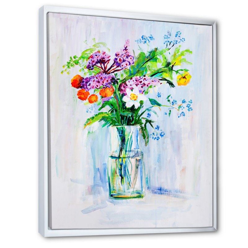 Bouquet de fleurs d'été - peinture, H 20 po x l 12 po, Cadre flottant blanc