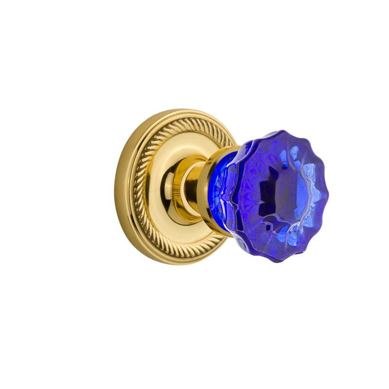 Rosette en corde avec bouton de porte cristal cobalt, 2 3/4, Laiton non laqué