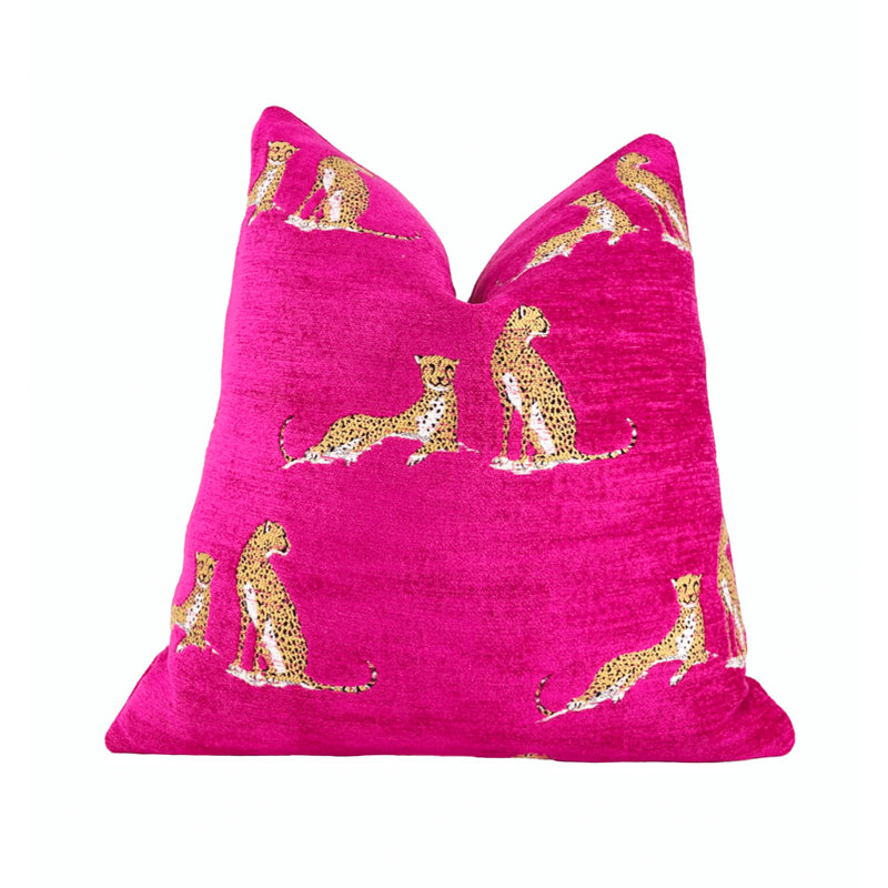 Embroidered Cheetah Chenille Throw Pillow Cover, Fuchsia, 20" H x 20" W