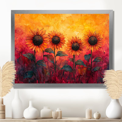 Vivid Red Sunset Hues Sunflowers Filed I - Sunflowers Large, art mural