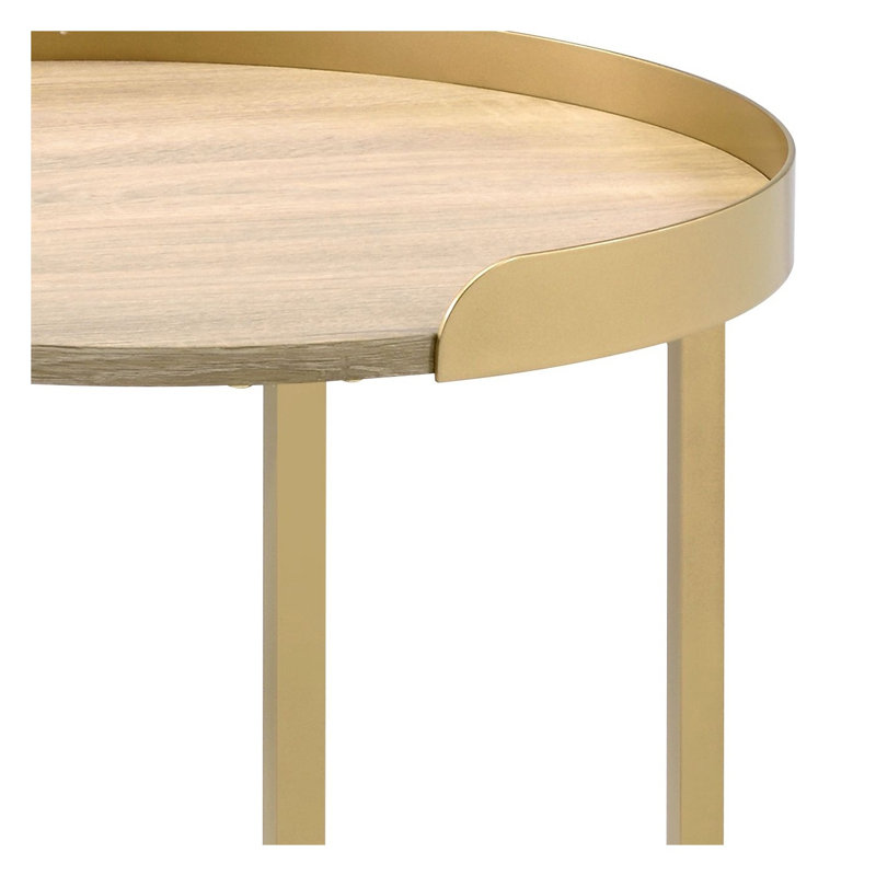 Table de bout ronde moderne avec plateau en chêne et base en métal doré Mithea