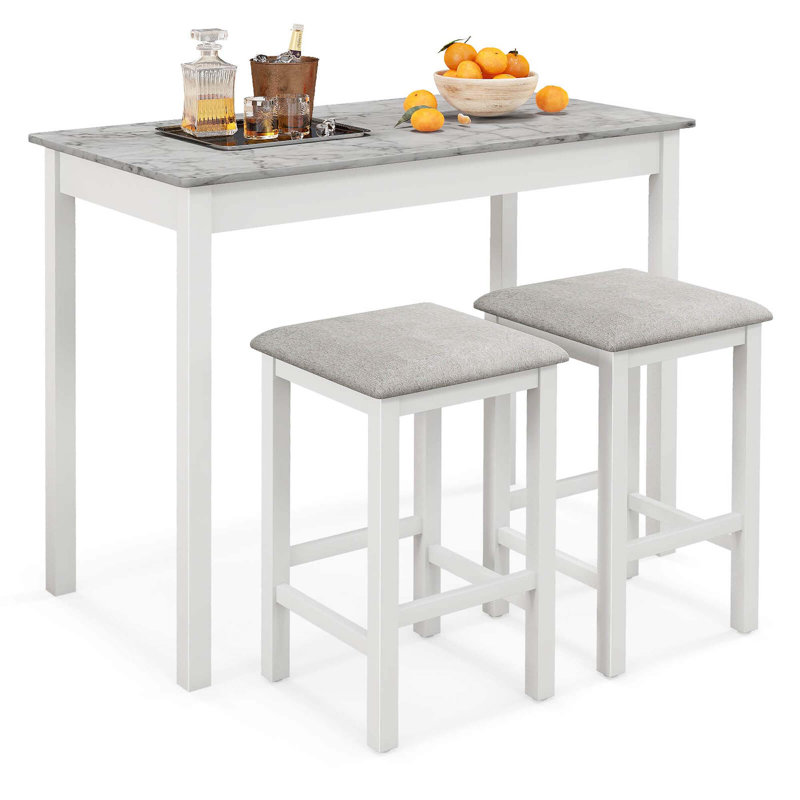 Ebern Designs 3 Pcs Bar Table Set Dining Table & 2 Linen Fabric Padded Bar Stools Faux Marble White