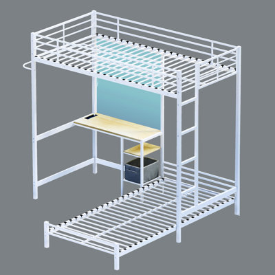 Lit superposé simple au-dessus d'un lit simple en métal avec échelle et garde-corps élevé, conception pouvant être fendue, espace de rangement sous le lit, silencieux, blanc