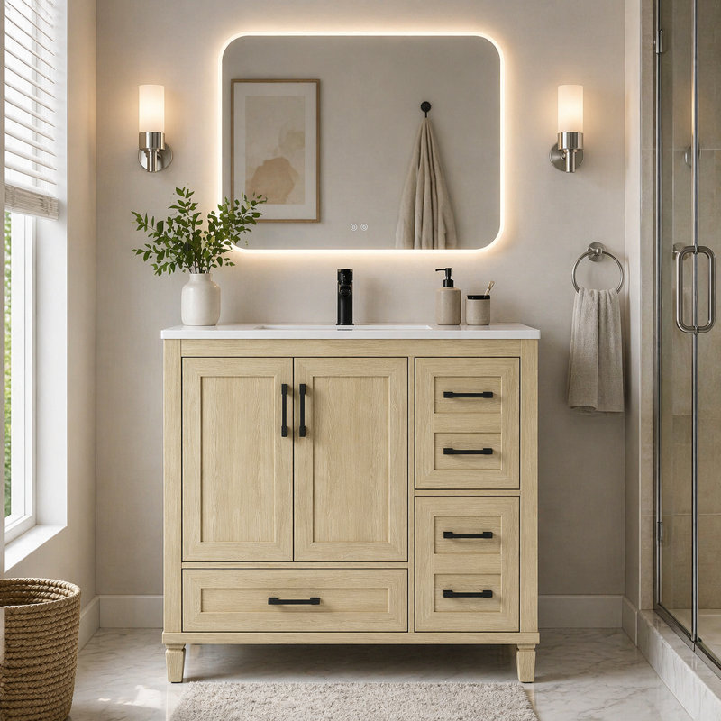 Napoli 36" Freestanding Single Bathroom Vanity With Solid Surface Composite Top, 37"