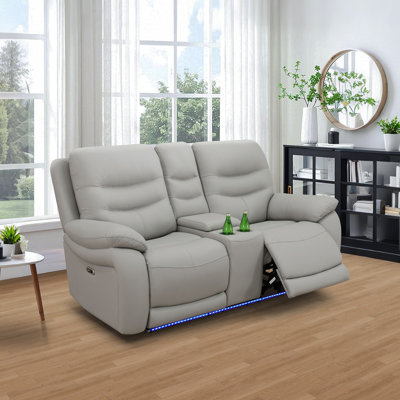 Power Recliner Living Room Loveseat - Breathing Leather Light Gray by Wrought Studio