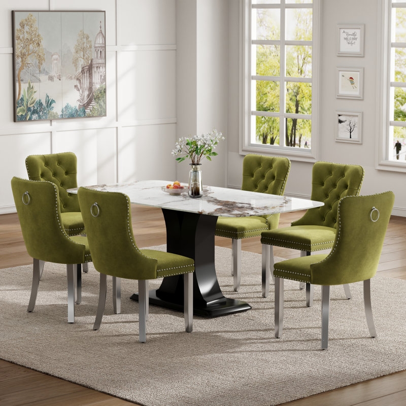 Ensemble de salle à manger Duvall Mid-Century, 7 Pieces: Table, 6 Chairs, Olive Green