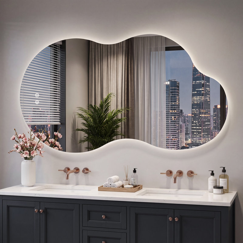 Miroir de salle de bain irrégulier à DEL anti-buée avec rétro-éclairage, 24 po x 36 po
