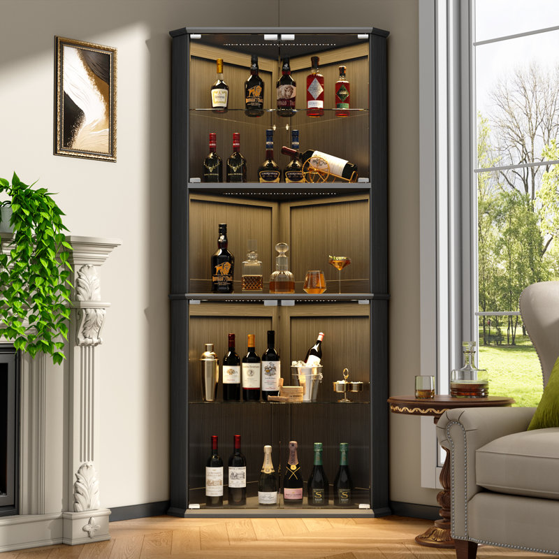 71.6" Corner Display Cabinet With LED Lights, 6-Tier Tall Curio Cabinet With Adjustable Glass Shelves&Glass Door, Wine Cabinet For Living Room, Home Bar (Black)