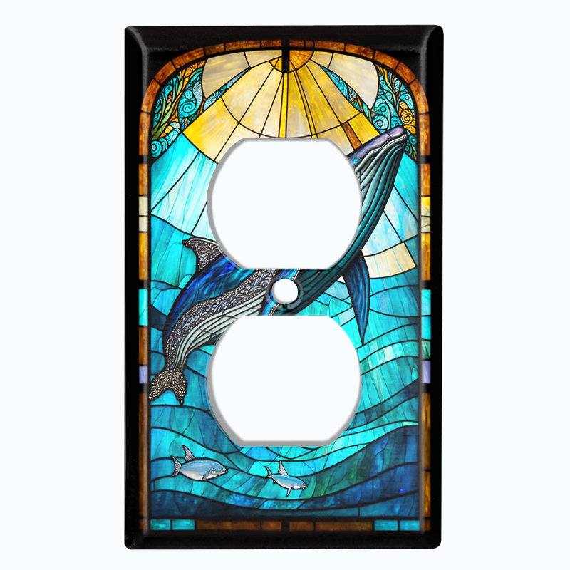 Cute Whale Glass Art Print Copper Rust Patina Teal Print 1 - Gang Toggle Light Switch Standard Wall Plate