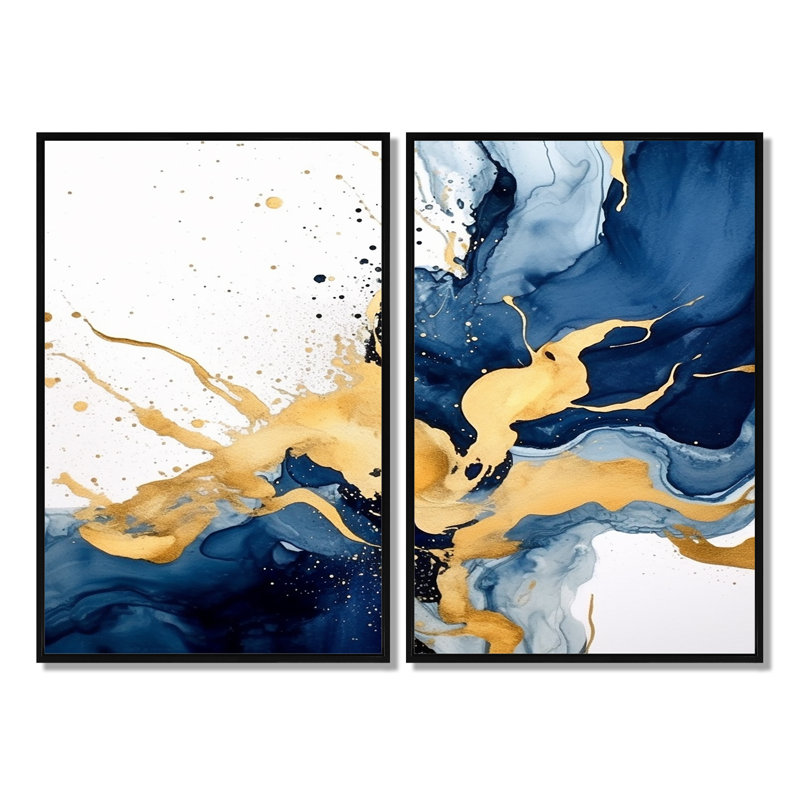 Art mural moderne bleu foncé et or II - 2 panneaux, 36" H x 48" W, Impression encadrée flottante, Black