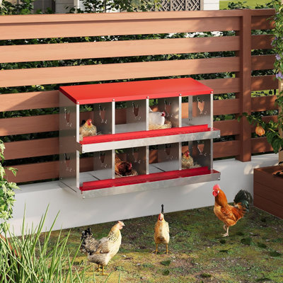8 Compartment Galvanized Roll Away Chicken Nesting Box with Swing Perch & Lid Cover, Keyhole Wall Mount Nest Box with Sloped Floor for Convenient Egg Collection in Chicken Coops