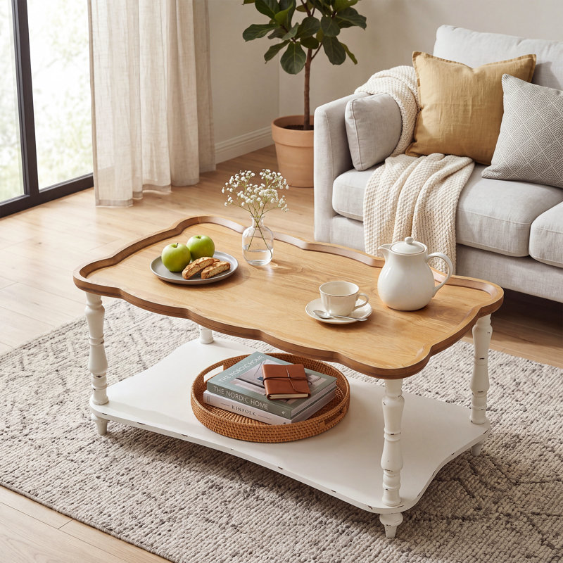39.4" W scalloped  Coffee Table, 2-Tier Wood vintage Center Table with Storage Shelf, Turned Legs, Distressed Finish