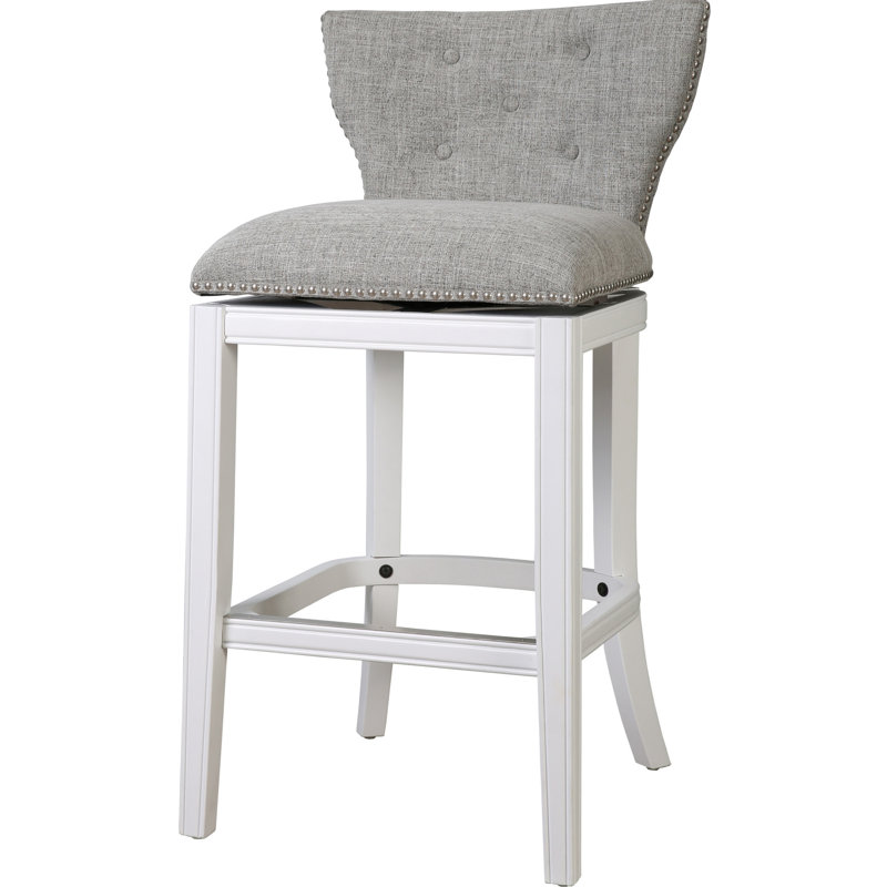 Tabouret de bar rembourré avec dossier, hauteur de 31 pouces, revêtement blanc et gris, boutons, pivotant à 180 degrés, repose-pieds en métal sur plaque, patins en plastique pour le plancher, tabouret pivotant facile à installer,