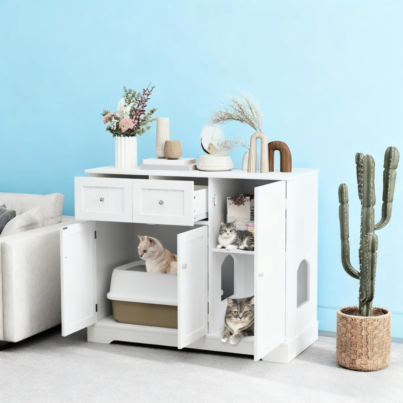 White 31.5" High Cat Litter Enclosure, Dual Function As Side Table And , Storage For Pet Items, Private Space, - Tip Kit Enhanced 39.2" X Enclosure In , Fits Most Boxes, Odor Control, Drawer Shelf