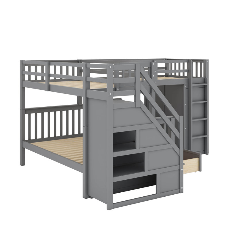 Twin-Twin Over Full L-Shaped Bunk Bed With 3 Drawers, Movable Desk, And Closet, Gray
