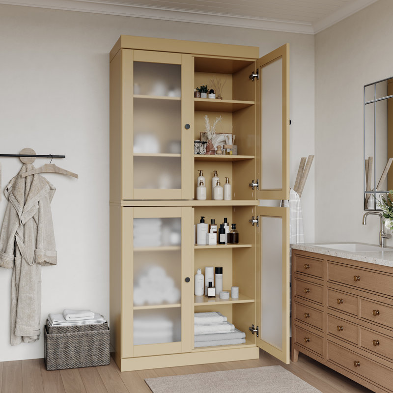 Armoire de salle de bain autoportante 100% bois massif 32 "avec portes en verre givré et tablettes réglables - Rangement de salle de bain moderne