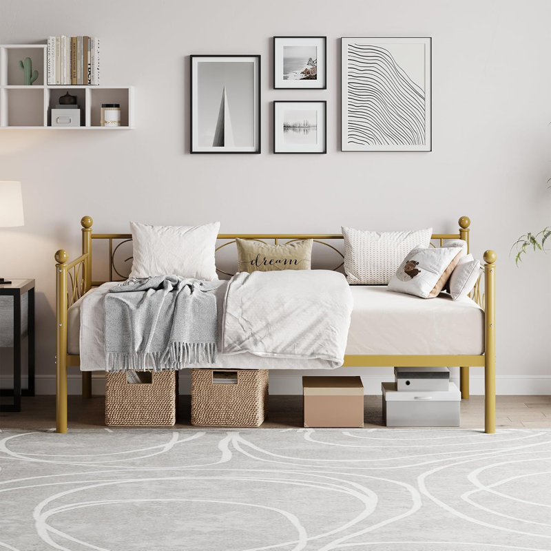 Bedroom Sofa Bed w/ Trundle, Twin Size Metal Daybed w/ Floral Headboard, Heavy Duty Metal Slats Support Multifunctional Bed