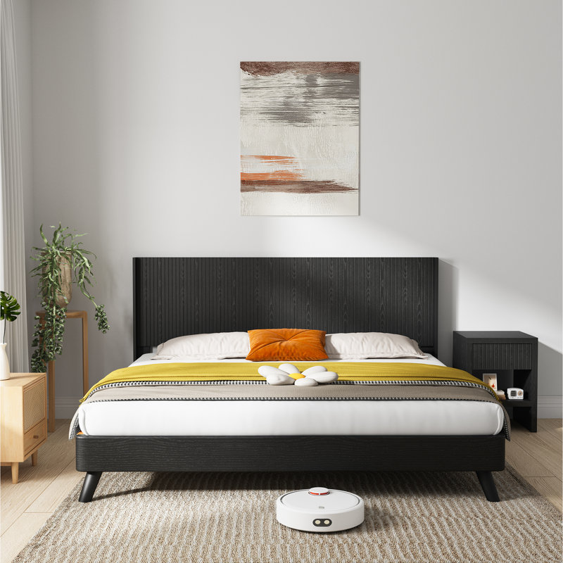 Tête de lit très grande en bois de 80,2 po de largeur - caractéristique de conception moderne, style à oreilles cannelé mural, décoration inspirée, agencement de couleur chêne noir, aspect de façade en bois véritable élégant, sculpture 3D contemporaine
