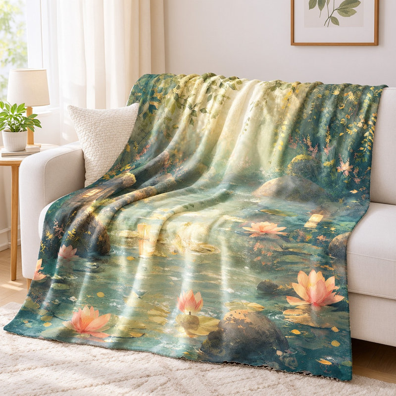 Serene Japanese Garden Throw Blanket - Water Lily Pond, Lanterns, Tranquil Landscape, Artistic Design, Lightweight, Breathable, All-Season, Skin-Friendly, Decorative, for Sofa, Couch, Living Room and Bedroom