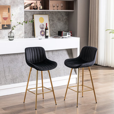 2 26 Inch Bar Stools, Velvet Fabric Counter Stool, Footrest, Golden Leg, Black Glorious Look Stool With Exhilarating