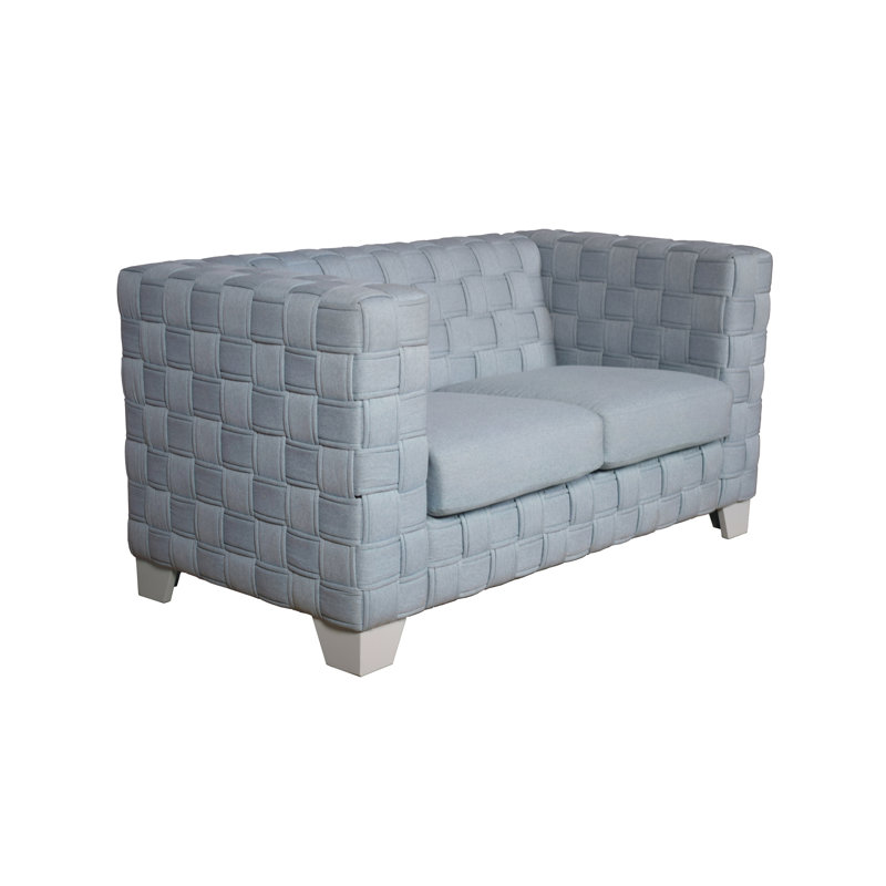 Chenille bleu sarcelle avec garniture blanche - siège à ressorts ensachés, structure en bois, dossier et siège rembourrés serrés, pieds en K, finition de style tissé, matériau en mousse, largeur du siège de 44 po, profondeur de 23 po, hauteur de 19 po, accoudoirs de 31 po