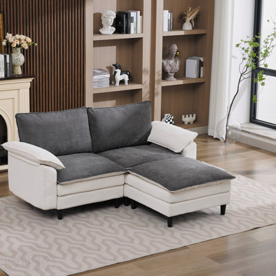 Canapé en L 70,87 po à deux tons en forme de L noir et blanc, modulaire avec repose-pieds, assise profonde en chenille 2 places et coussin - parfait pour le salon, la chambre à coucher, un appartement