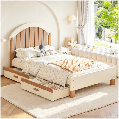 Twin Size Platformbed with Storage Drawer, Wood Twin Bed Frame with Round Headboard, No Box Spring Needed, Beige & Deep Natural