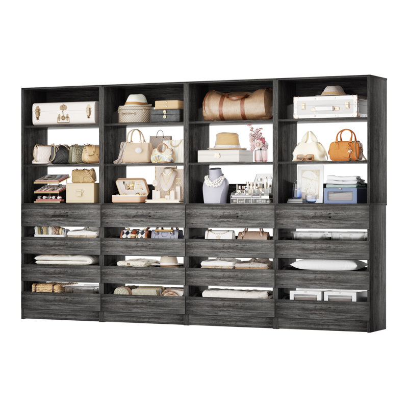 Système de placard avec 16 tiroirs en bois, organisateur de placard autoportant avec tablettes, Chêne gris
