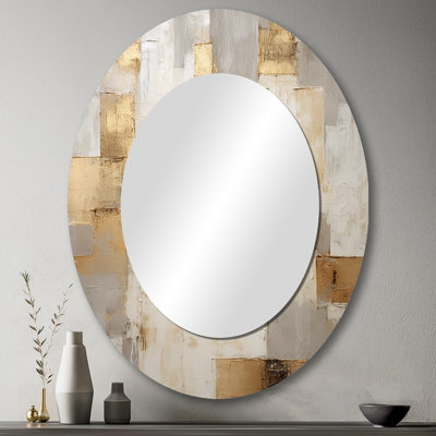 Art moderne zen scandinave minimaliste beige et doré - Grand miroir mural ovale sur métal