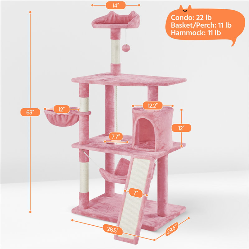 Arbre à chat de type tour, Rose, H 63,5 po x l 29,3 po x P 30 po