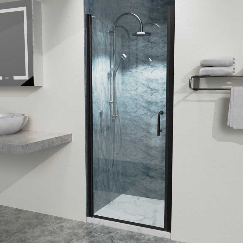 32 po Jusqu'à 33 3/8 po X 72 po, porte de douche pivotante semi-sans cadre en noir mat avec verre transparent