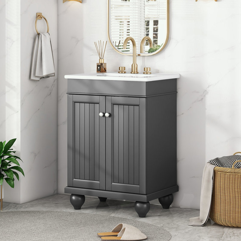 Meuble-lavabo moderne avec lavabo en céramique et tablette réglable, Noir, noir, noir, noir