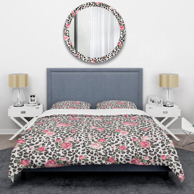 Feuille noire et roses roses - Ensemble de housse de couette floral - Polyester en microfibre