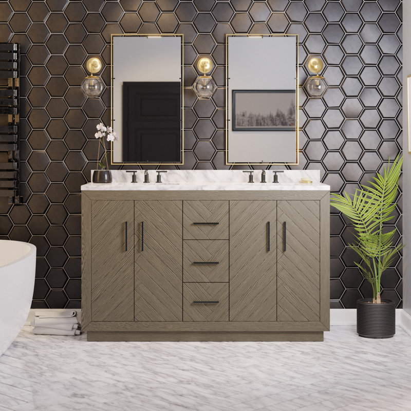 Peyton 60" Gray Oak Double Bathroom Vanity with Marble Top