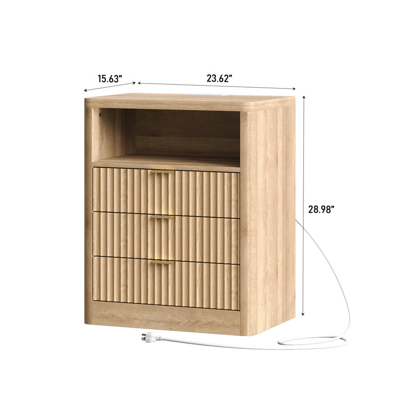 Fluted Night Stand With LED Light & Charging Station, Nightstand With 3 Storage Drawers, 23” Wide Top, Modern Farmhouse Bedside Table For Bedroom, Living Room, Closet